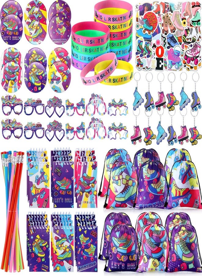 Tellingyou 140 Pcs Roller Skate Party Favors Includes 12 Drawstring Backpacks 12 Silicone Wristbands 12 Badges 12 Keychains 18 Notepads 12 Pencils 12 Slap Bracelets 50 Stickers for Retro Hip Hop Party - Image 1